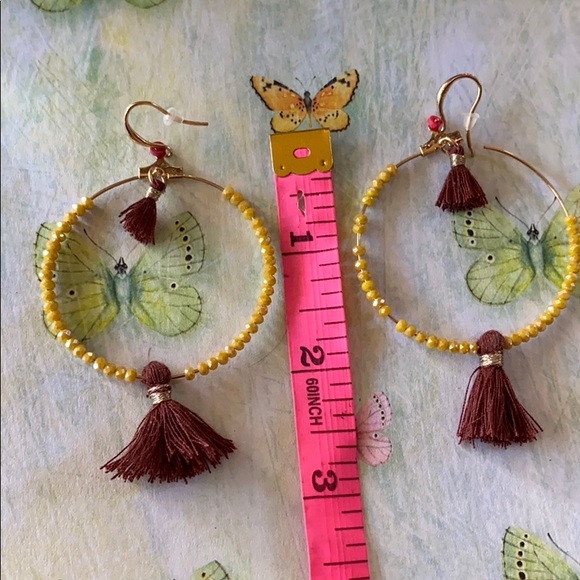 Earrings; Yellow Beaded Hoop; Tassel;  Pierced - Picture 6 of 7